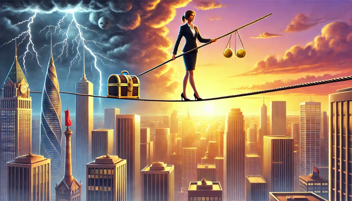 DALL·E 2024 07 14 13.24.49 A featured image for a news article titled Balancing the Rewards and Risks of Being a Female Entrepreneur. The image shows a businesswoman standing scaled