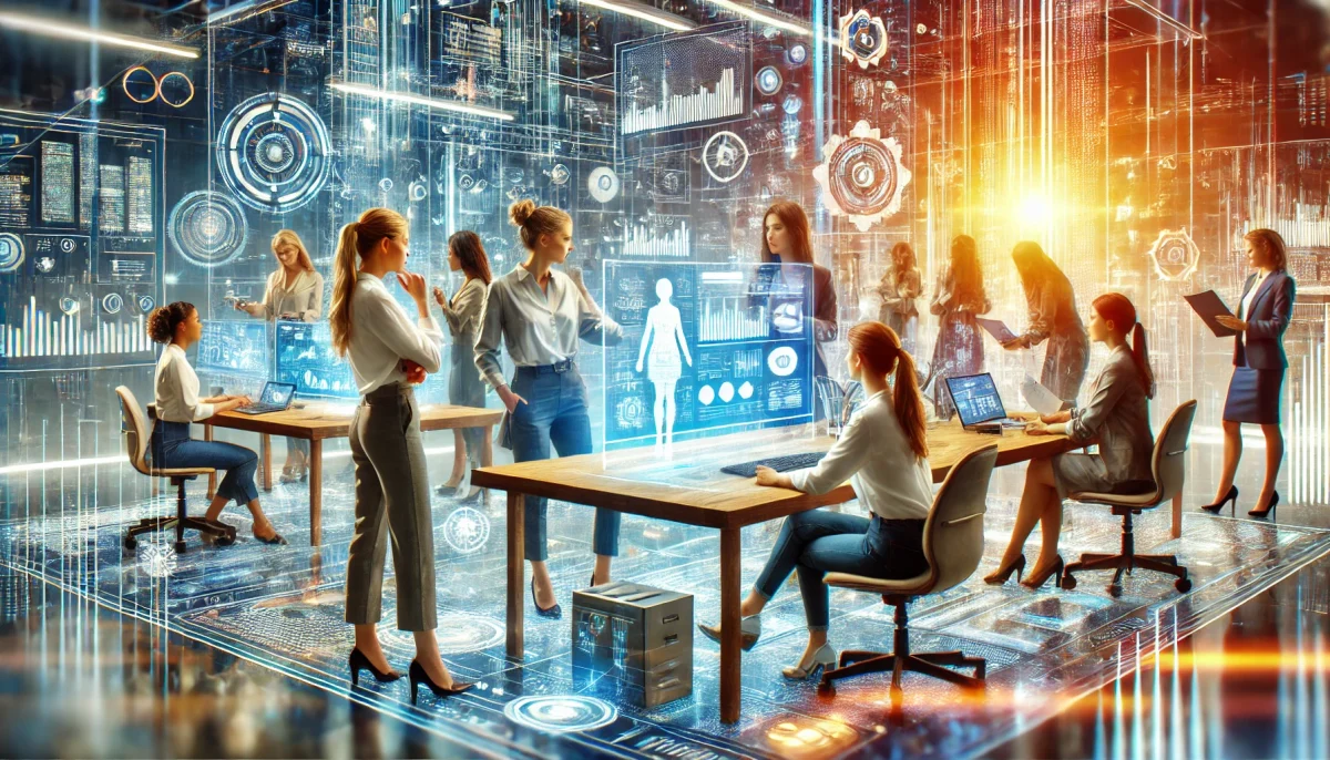 DALL·E 2024 07 14 13.35.31 A featured image for a news article titled Women Entrepreneurs Harnessing Tech to Drive Change. The image shows a group of women in a modern tech wo scaled