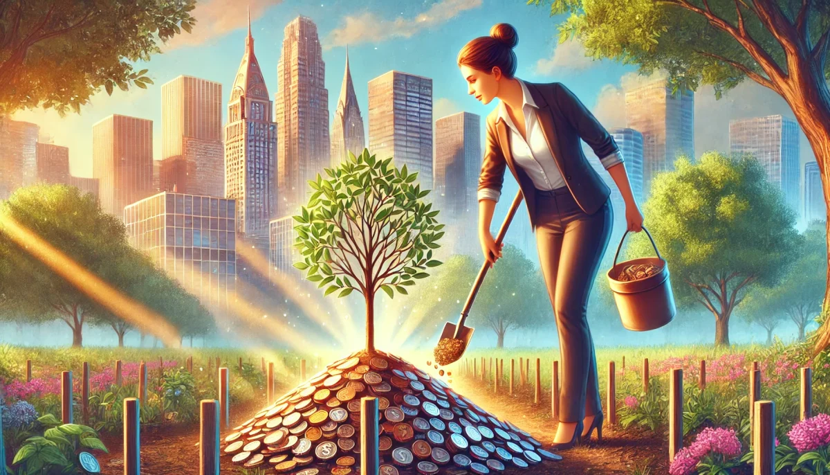 DALL·E 2024 07 14 13.36.38 A featured image for a news article titled Financial Resilience How Women Entrepreneurs Are Thriving. The image shows a female entrepreneur plantin scaled