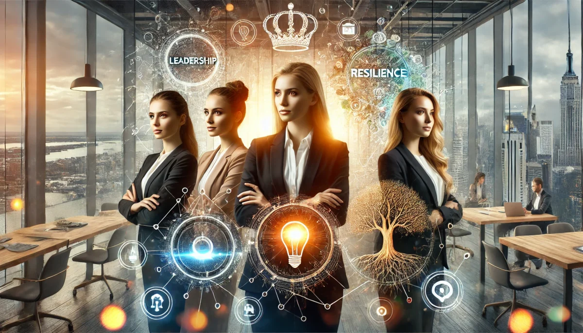 DALL·E 2024 07 22 04.36.03 A high definition natural style image featuring four professional women each representing a different key trait leadership innovation resilience scaled