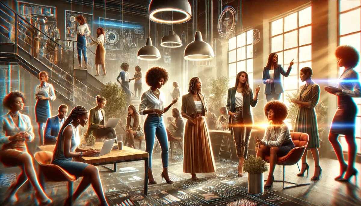 DALL·E 2024 07 30 04.03.35 A dynamic artistic image featuring a diverse group of Black women entrepreneurs in a professional setting. They are engaged in various business activ scaled