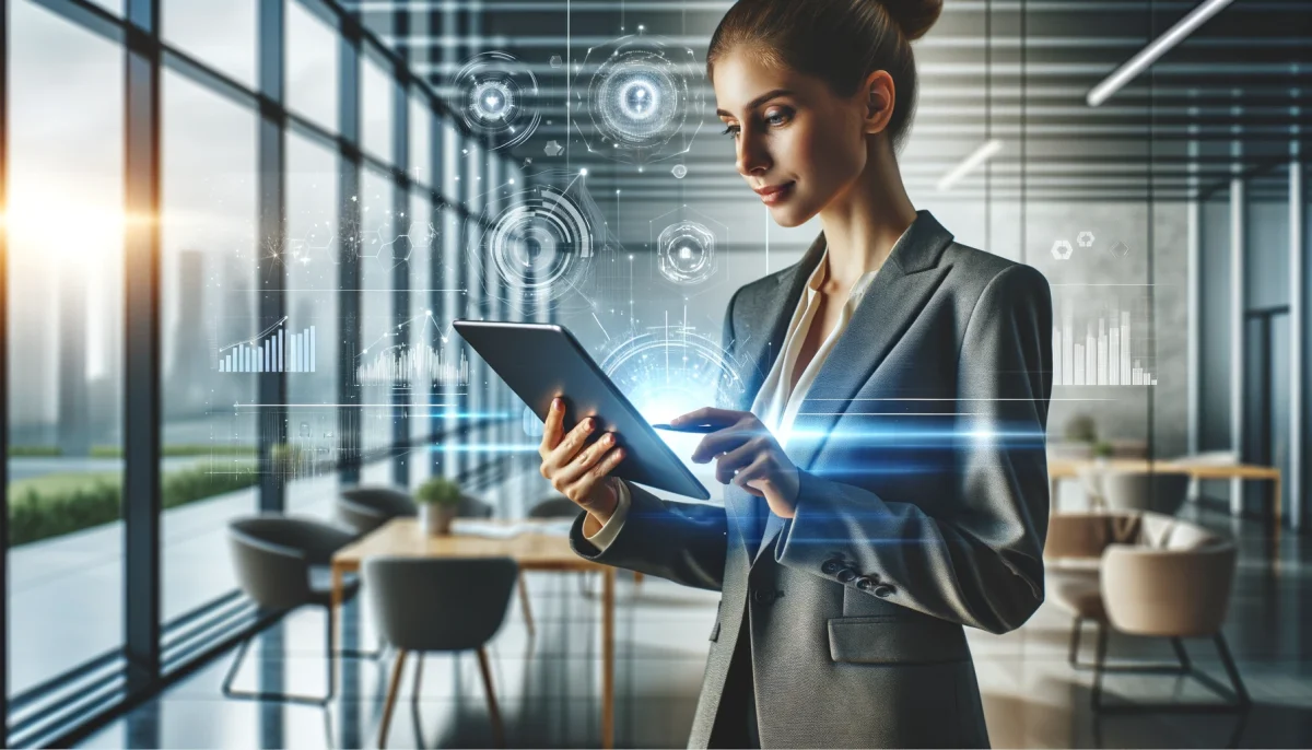 DALL·E 2024 08 02 04.19.21 A professional woman using a tablet with digital data and graphs projecting around her symbolizing digital transformation. She is standing in a moder scaled