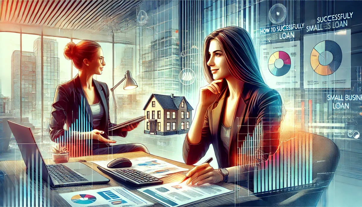 DALL·E 2024 08 23 00.51.58 A featured image for a news article titled Building Your Business How to Successfully Obtain a Small Business Loan Women. The image shows a confi scaled