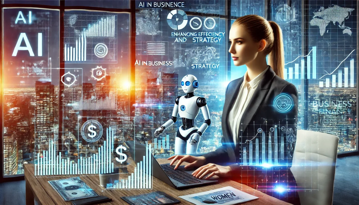DALL·E 2024 08 29 01.51.09 A featured image for a news article titled AI in Business Finance Enhancing Efficiency and Strategy Women. The image shows a businesswoman workin scaled