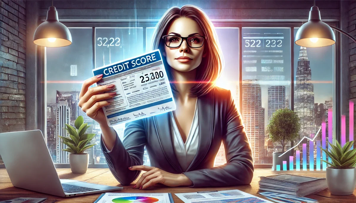 DALL·E 2024 08 31 03.43.58 A featured image for a news article titled Why Women Entrepreneurs Should Care About Their Credit Scores. The image shows a businesswoman holding a scaled