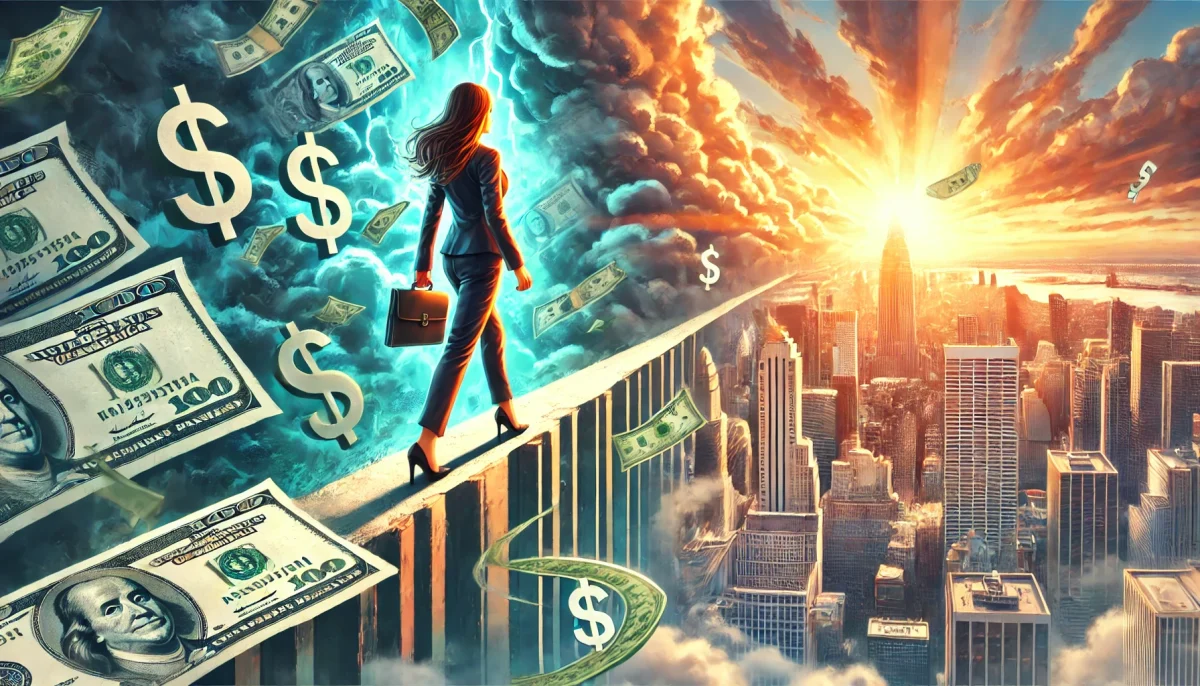 DALL·E 2024 08 31 03.46.10 A featured image for a news article titled The Hidden Risks of Running a Seven Figure Business Women. The image shows a businesswoman standing on scaled