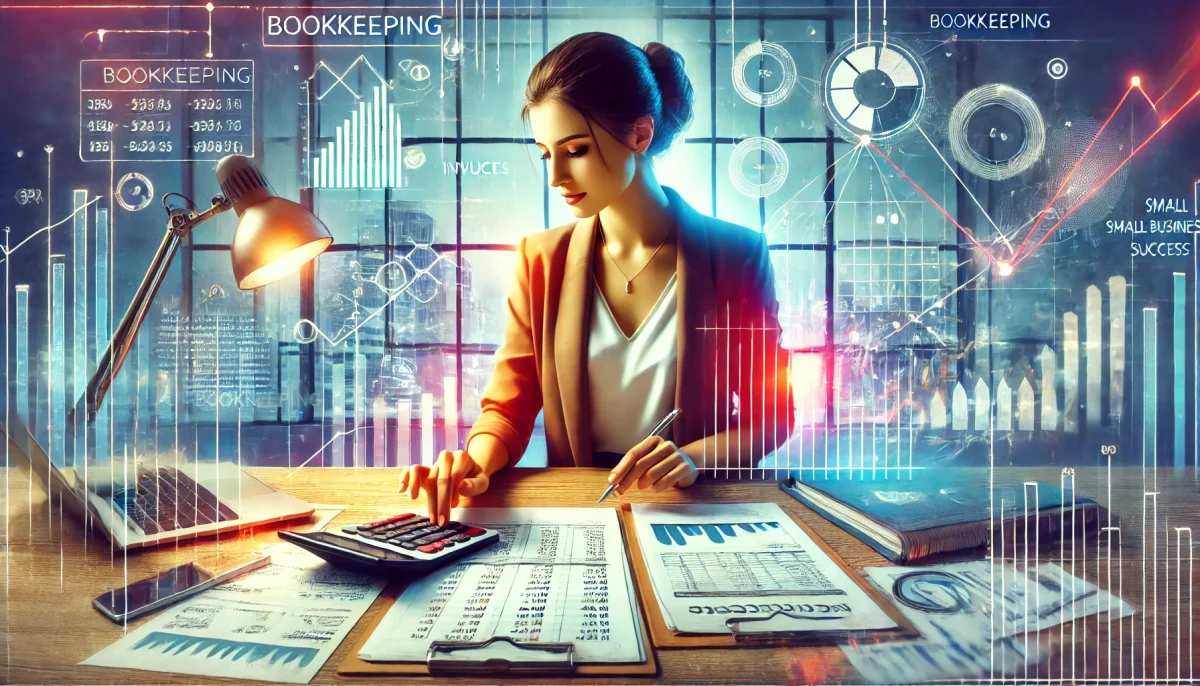 DALL·E 2024 09 01 02.01.52 A featured image for a news article titled The Importance of Bookkeeping for Small Business Success Women. The image shows a businesswoman meticul scaled