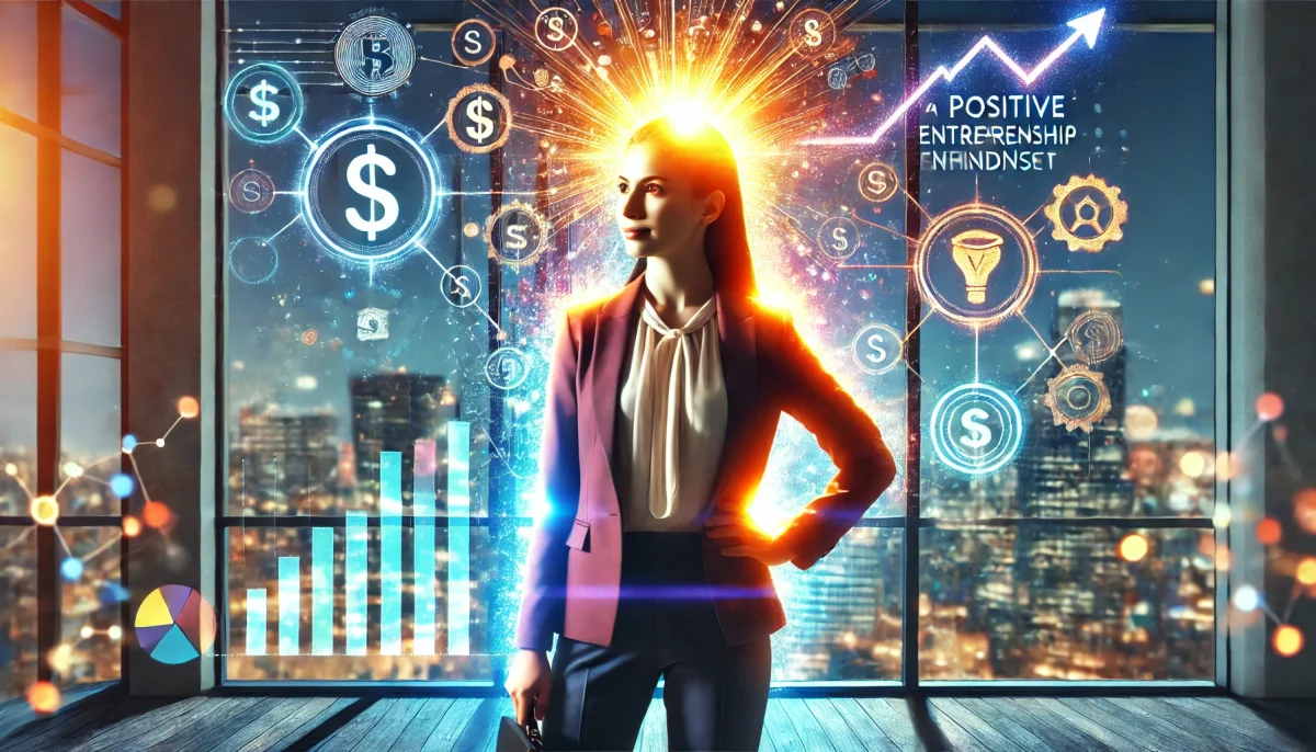 DALL·E 2024 09 08 03.29.10 A featured image for a news article titled The Financial Impact of a Positive Entrepreneurial Mindset for Women. The image shows a businesswoman sta scaled